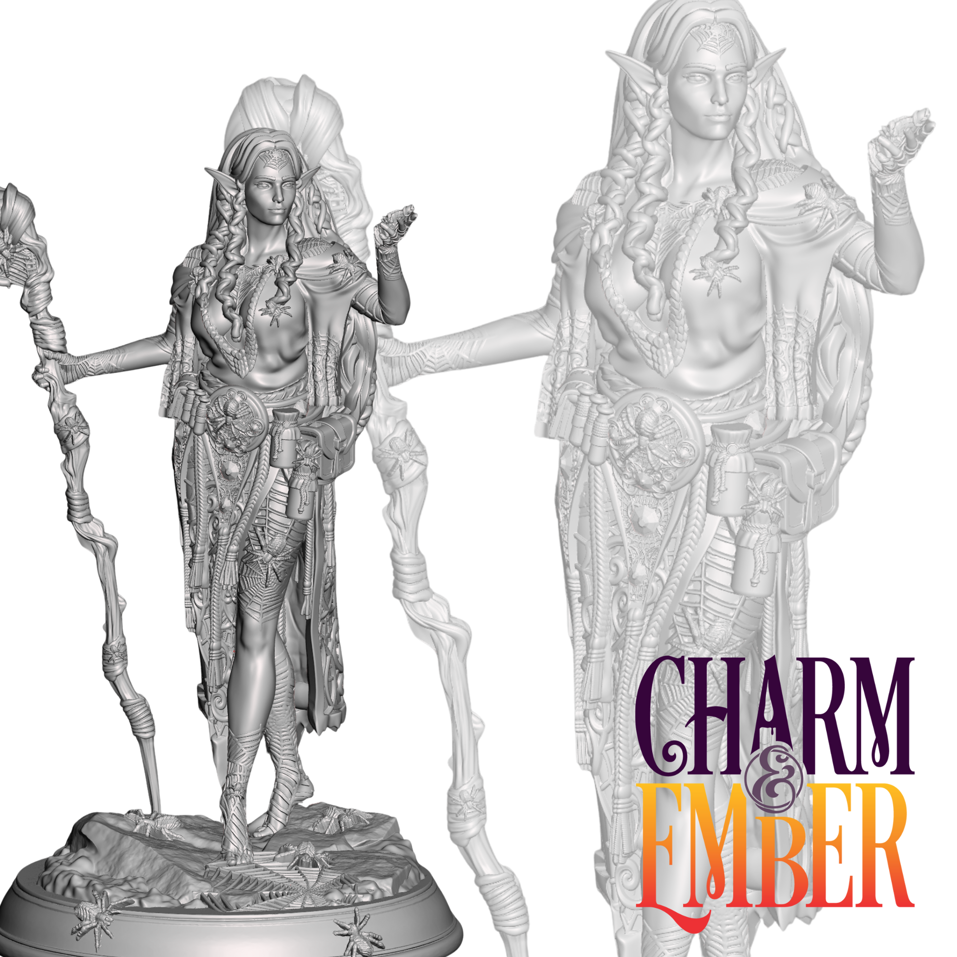 Drow priestess miniature with ornate staff and spider-themed armor