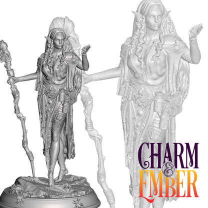 Drow priestess miniature with ornate staff and spider-themed armor