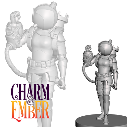 Female underwater artificer miniature with diving armor 