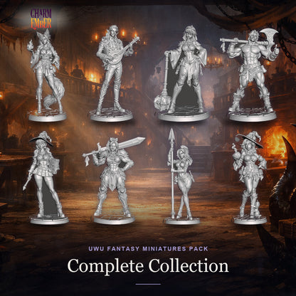 UwU Fantasy Miniatures Pack showcase with spellcasters. Charm & Ember tabletop miniatures. fantasy campaign theme.
