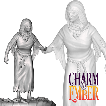 Hooded town elder or hermit, barefoot and robed