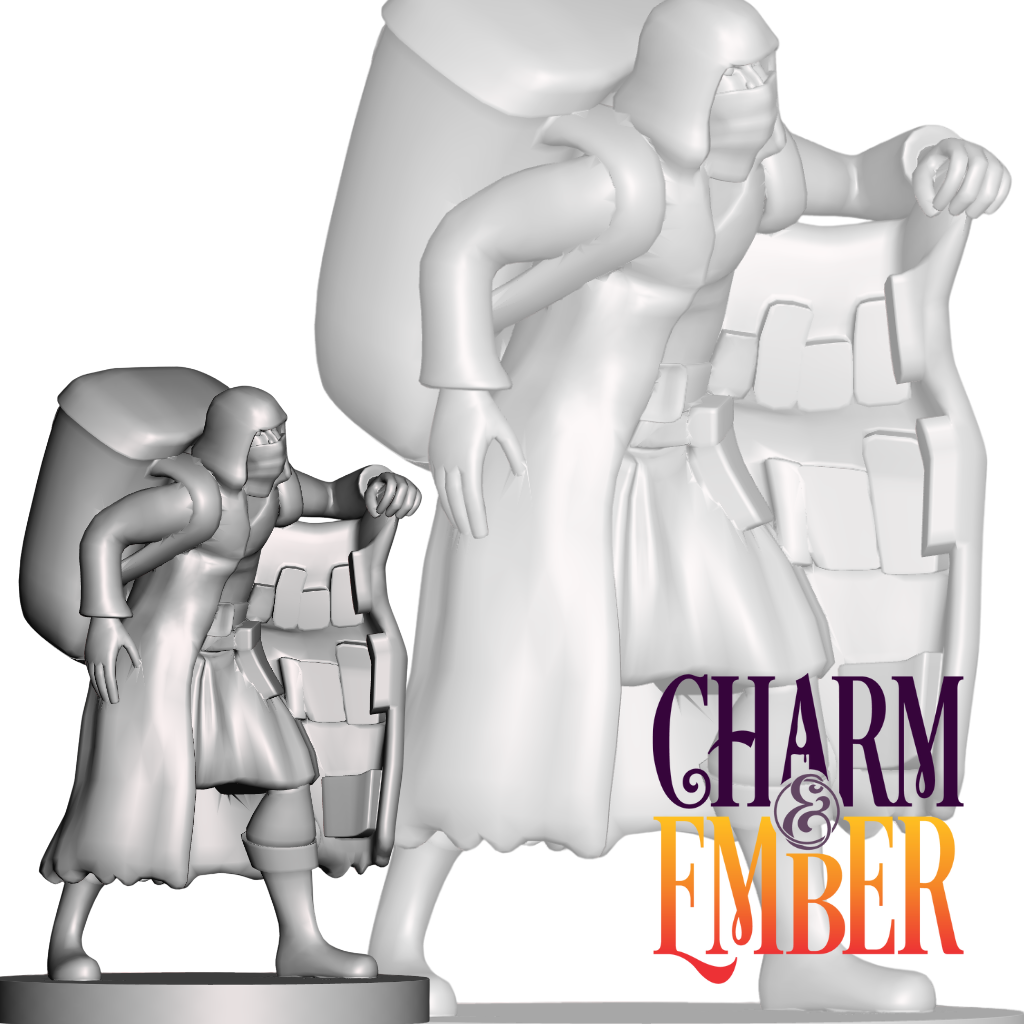 Shady merchant with a massive backpack and goods on display
