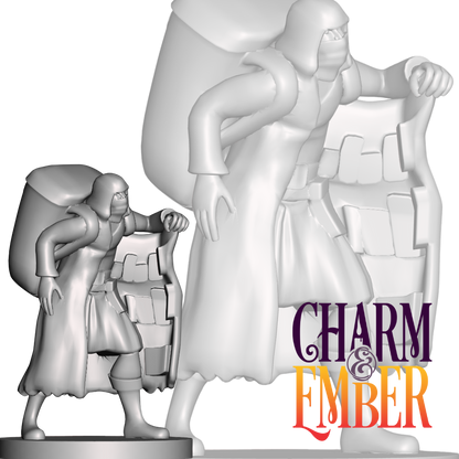Shady merchant with a massive backpack and goods on display