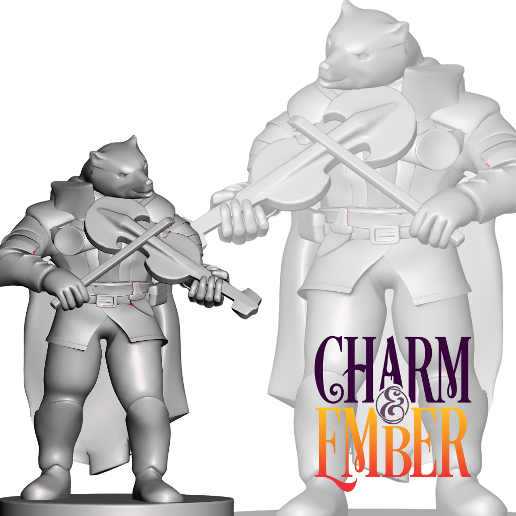 Werewolf violinist with armor and cloak, ready for battle or a ballad.
