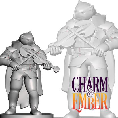 Werewolf violinist with armor and cloak, ready for battle or a ballad.