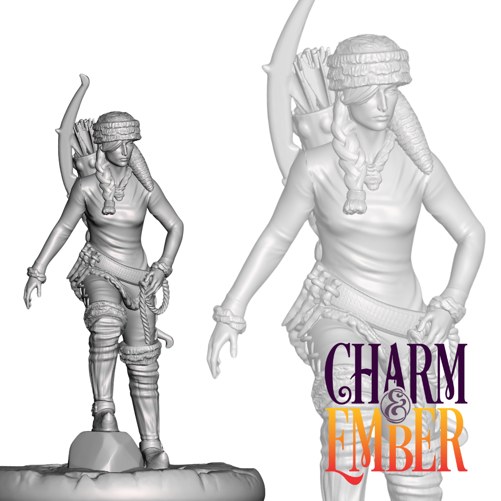 Female ranger miniature with bow and fur-lined winter gear.