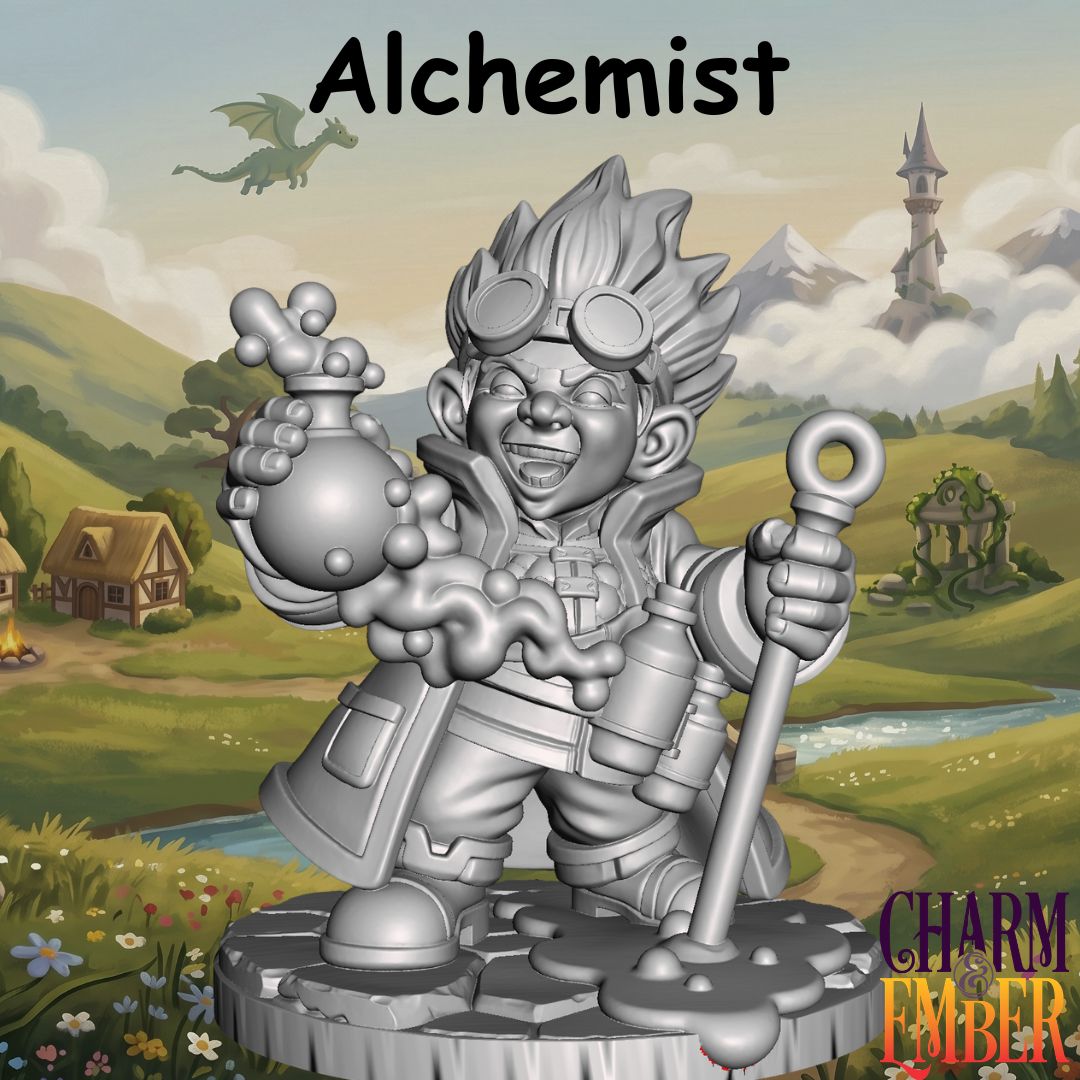 Young Adventurers Alchemist miniature for kids mixing a bubbling potion while holding an alchemy staff, designed for fantasy tabletop RPG adventures and beginner miniature painting.