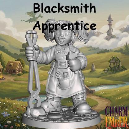 Young Adventurers Blacksmith Apprentice miniature for kids holding oversized blacksmith tongs and a hammer, designed for fantasy tabletop RPG adventures and beginner miniature painting.