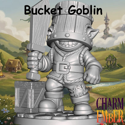 Young Adventurers Bucket Goblin miniature for kids wearing a wooden bucket as armor and carrying a wooden sword, designed for fantasy tabletop RPG adventures and beginner miniature painting.