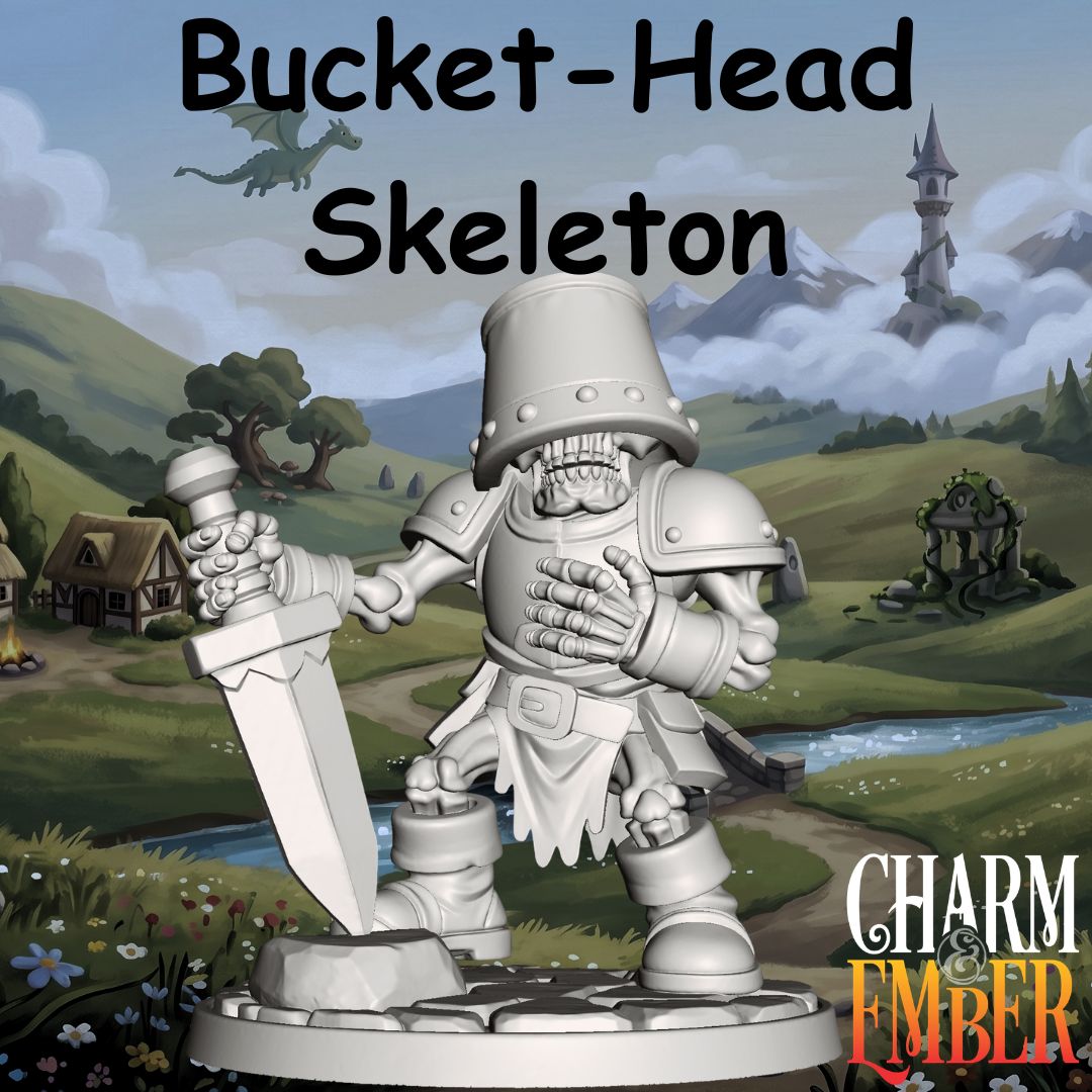 Bucket-Head Skeleton wearing a metal bucket as a helmet and holding a large sword from the Young Adventurers Skeleton Pack