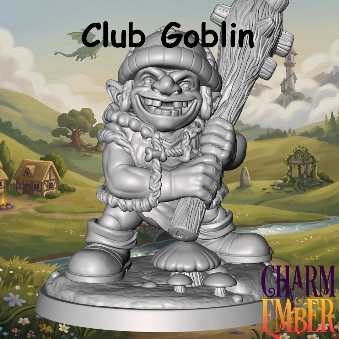 Young Adventurers Club Goblin miniature for kids holding an oversized wooden club, designed for fantasy tabletop RPG adventures and beginner miniature painting.