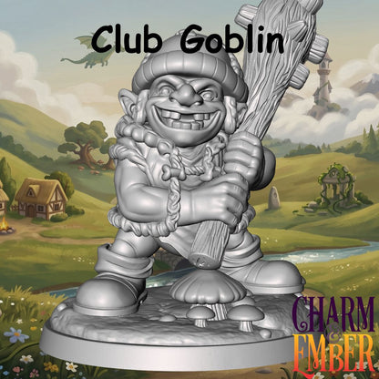 Young Adventurers Club Goblin miniature for kids holding an oversized wooden club, designed for fantasy tabletop RPG adventures and beginner miniature painting.