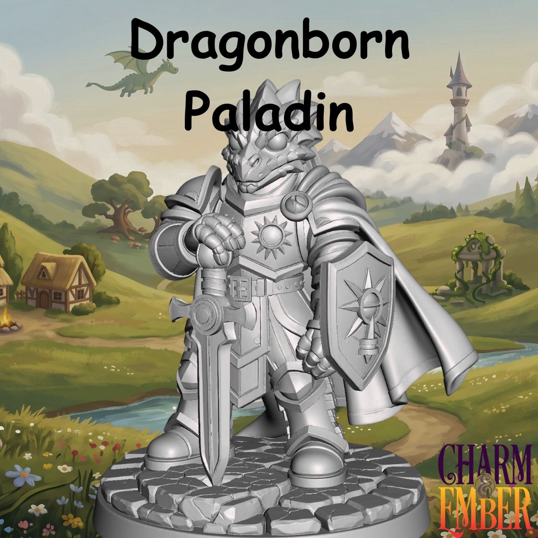 Young Adventurers Dragonborn Paladin miniature for kids wearing heavy armor and carrying a sword and shield, designed for fantasy tabletop RPG adventures and beginner miniature painting.