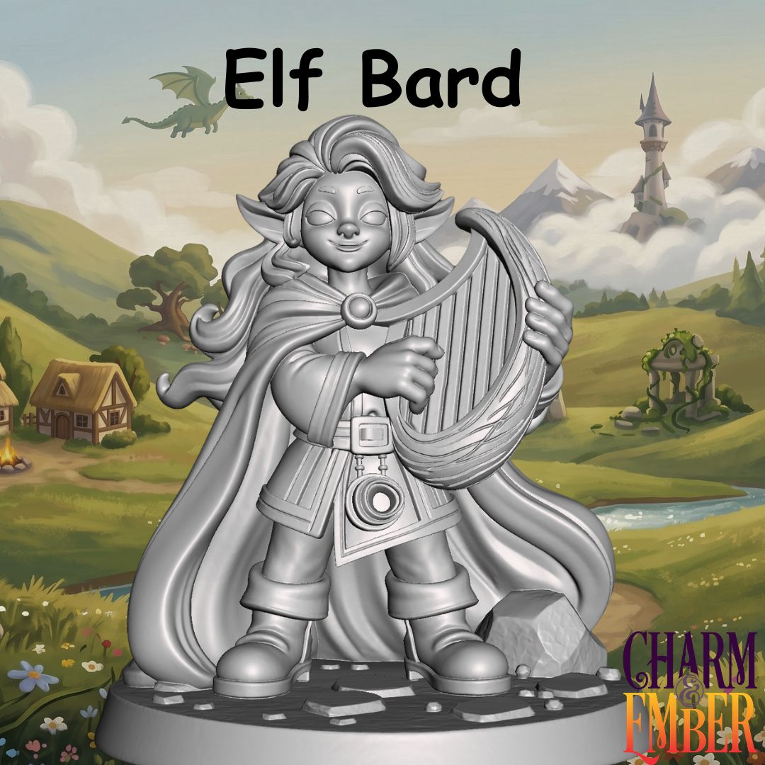 Young Adventurers Elf Bard miniature for kids playing a large fantasy harp, designed for tabletop RPG adventures and beginner miniature painting.