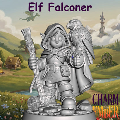 Hooded elf falconer holding a staff with a falcon perched on their arm from the Young Adventurers Hero Pack 1