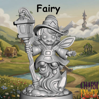 Young Adventurers Fairy miniature for kids wearing a whimsical witch hat with fairy wings and a magical lantern staff, designed for fantasy tabletop RPG adventures and beginner miniature painting.