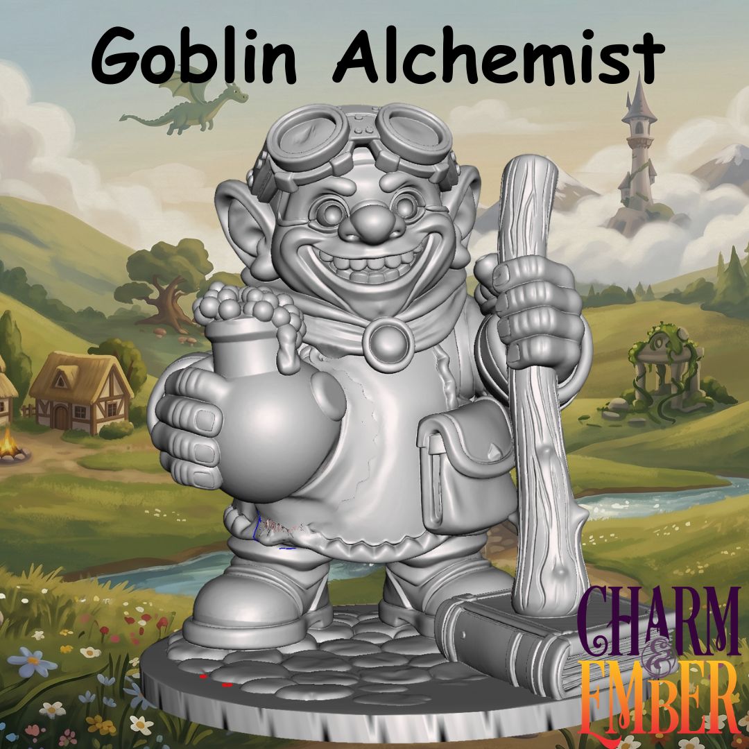 Young Adventurers Goblin Alchemist miniature for kids holding a potion bottle and wooden staff, designed for fantasy tabletop RPG adventures and beginner miniature painting.