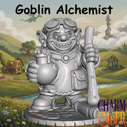 Young Adventurers Goblin Alchemist miniature for kids holding a potion bottle and wooden staff, designed for fantasy tabletop RPG adventures and beginner miniature painting.