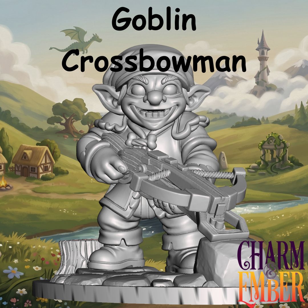 Young Adventurers Goblin Crossbowman miniature for kids aiming a large crossbow, designed for fantasy tabletop RPG adventures and beginner miniature painting.