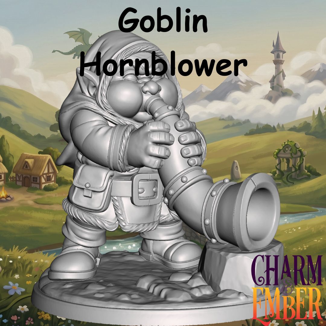 Young Adventurers Goblin Hornblower miniature for kids blowing a large battle horn, designed for fantasy tabletop RPG adventures and beginner miniature painting.
