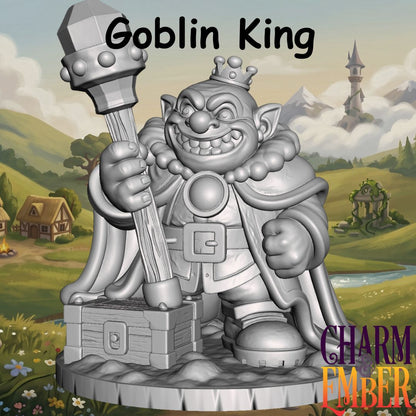 Young Adventurers Goblin King miniature for kids wearing a crown and cape and holding an oversized royal mace, designed for fantasy tabletop RPG adventures and beginner miniature painting.