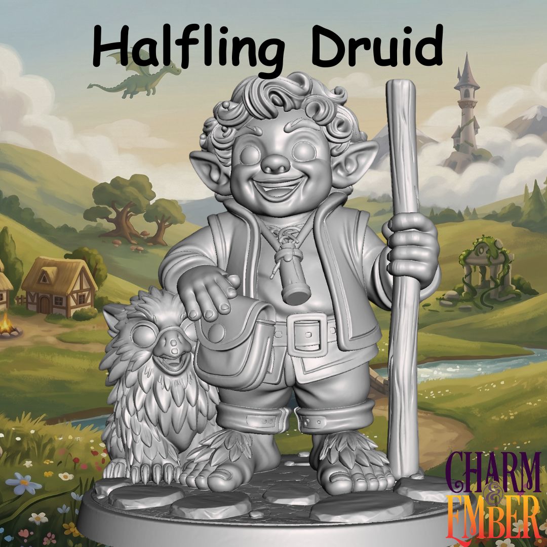 Young Adventurers Halfling Druid miniature for kids with an owl companion and wooden staff, designed for fantasy tabletop RPG adventures and beginner miniature painting.