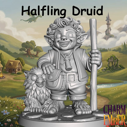 Young Adventurers Halfling Druid miniature for kids with an owl companion and wooden staff, designed for fantasy tabletop RPG adventures and beginner miniature painting.