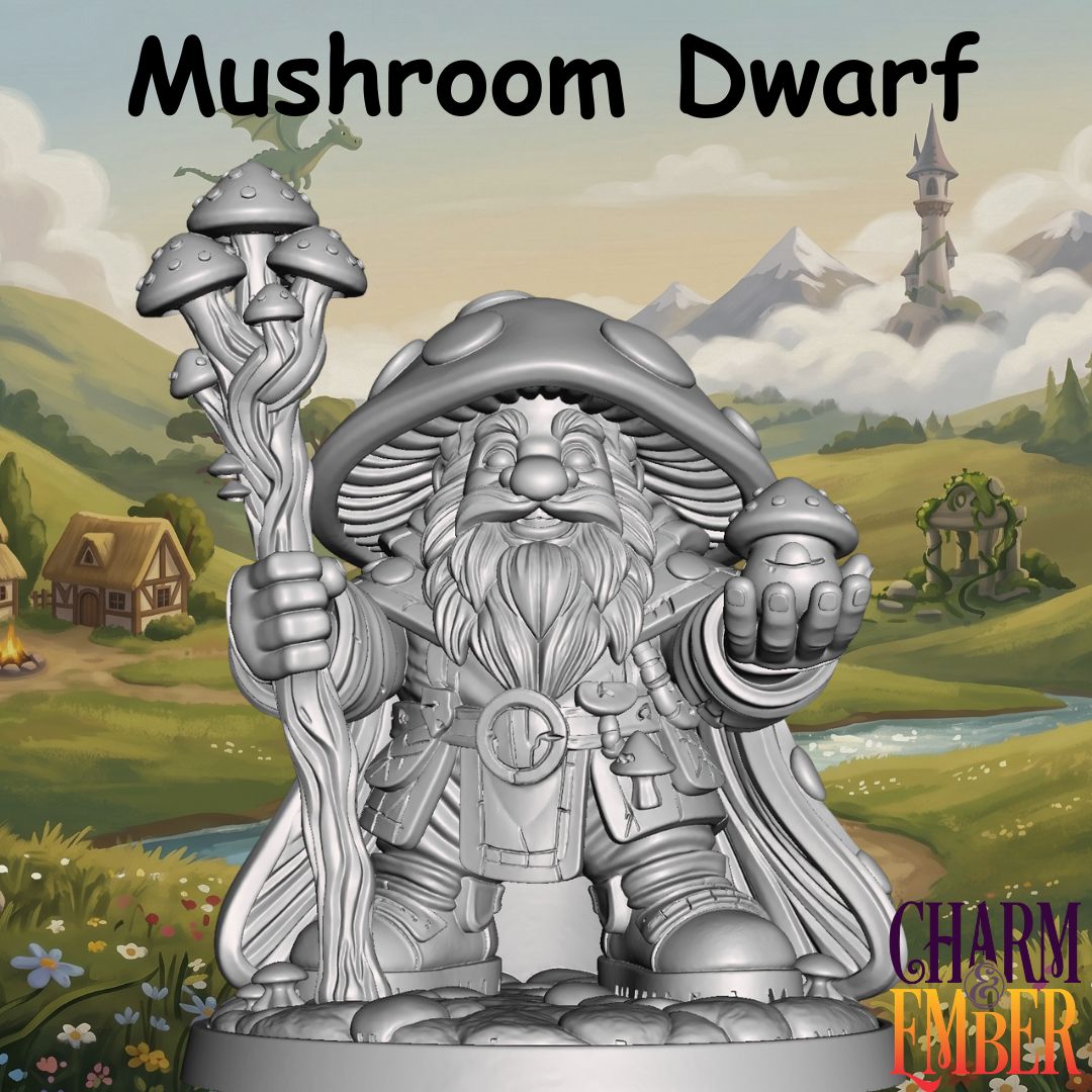 Young Adventurers Mushroom Dwarf miniature for kids wearing a giant mushroom cap and carrying a mushroom-covered staff, designed for fantasy tabletop RPG adventures and beginner miniature painting.