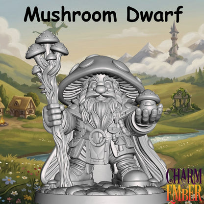 Young Adventurers Mushroom Dwarf miniature for kids wearing a giant mushroom cap and carrying a mushroom-covered staff, designed for fantasy tabletop RPG adventures and beginner miniature painting.