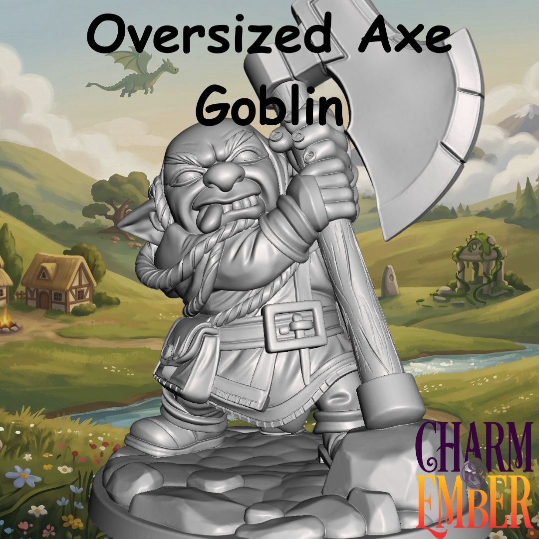 Young Adventurers Oversized Axe Goblin miniature for kids wielding a huge two-handed axe, designed for fantasy tabletop RPG adventures and beginner miniature painting.
