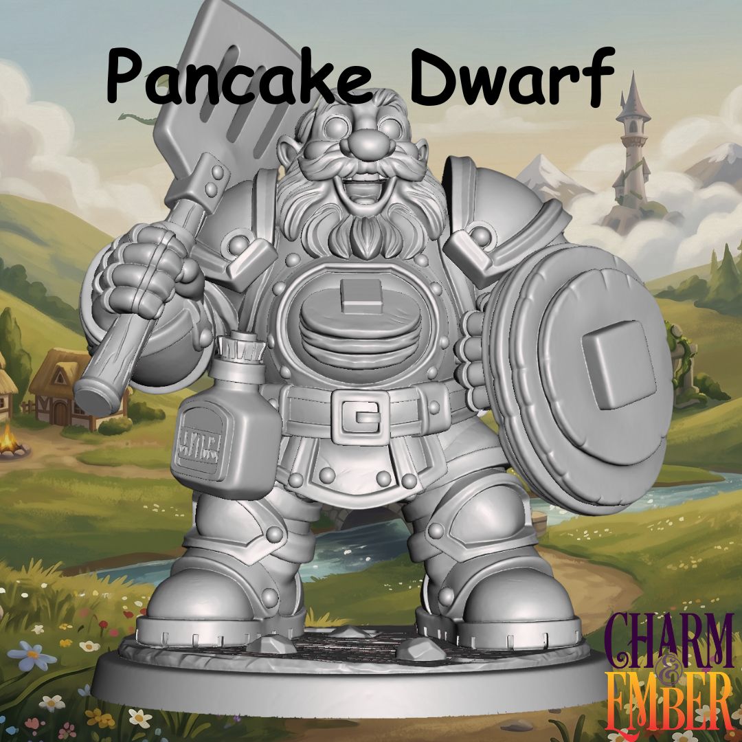 Young Adventurers Pancake Dwarf miniature for kids wearing pancake-themed armor and carrying a shield and oversized spatula, designed for fantasy tabletop RPG adventures and beginner miniature painting.