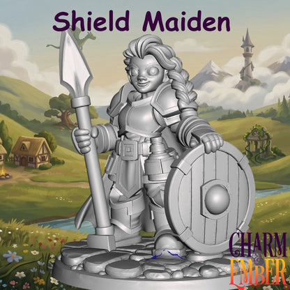 Armored shield maiden carrying a spear and round wooden shield from the Young Adventurers Hero Pack 1