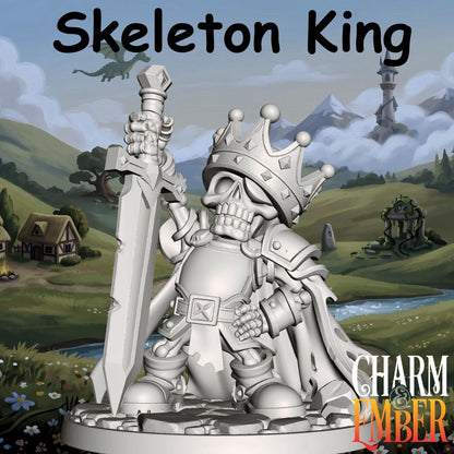 Skeleton King wearing a large crown and holding an oversized sword from the Young Adventurers Skeleton Pack