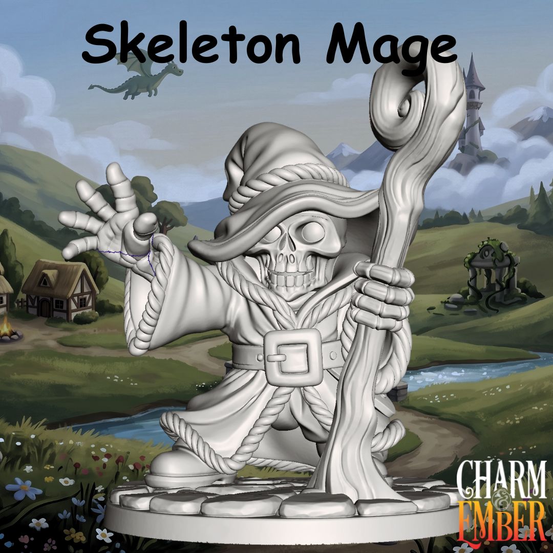 Skeleton Mage casting a spell while holding a wooden staff from the Young Adventurers Skeleton Pack