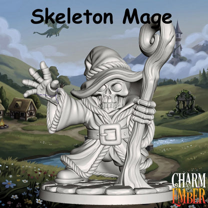 Skeleton Mage casting a spell while holding a wooden staff from the Young Adventurers Skeleton Pack