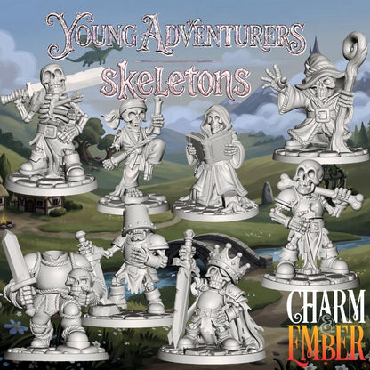 Eight unpainted Young Adventurers skeleton miniatures designed for kids, beginner painters, and fantasy tabletop games