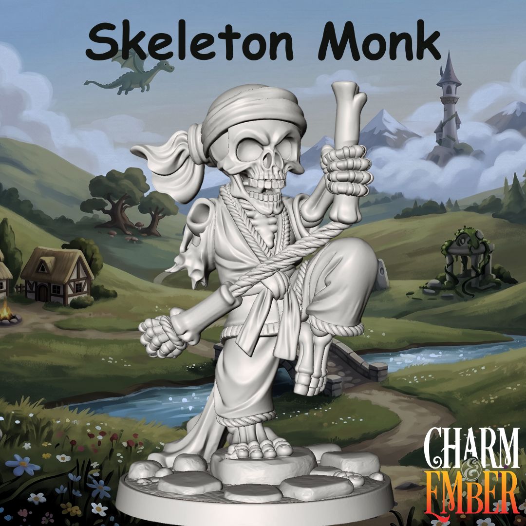 Skeleton monk in a martial arts pose holding two bones from the Young Adventurers Skeleton Pack