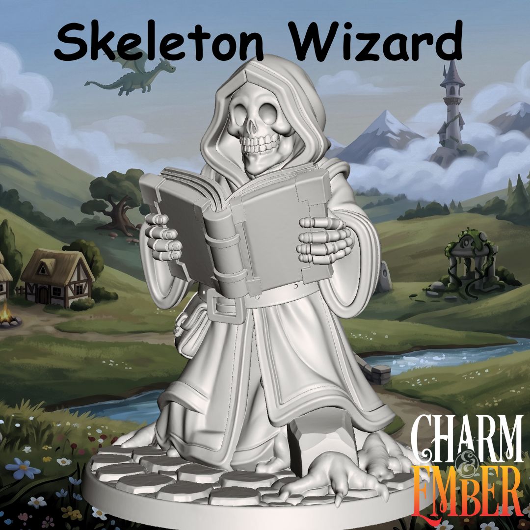 Hooded Skeleton Wizard reading a spellbook with rats at its feet from the Young Adventurers Skeleton Pack