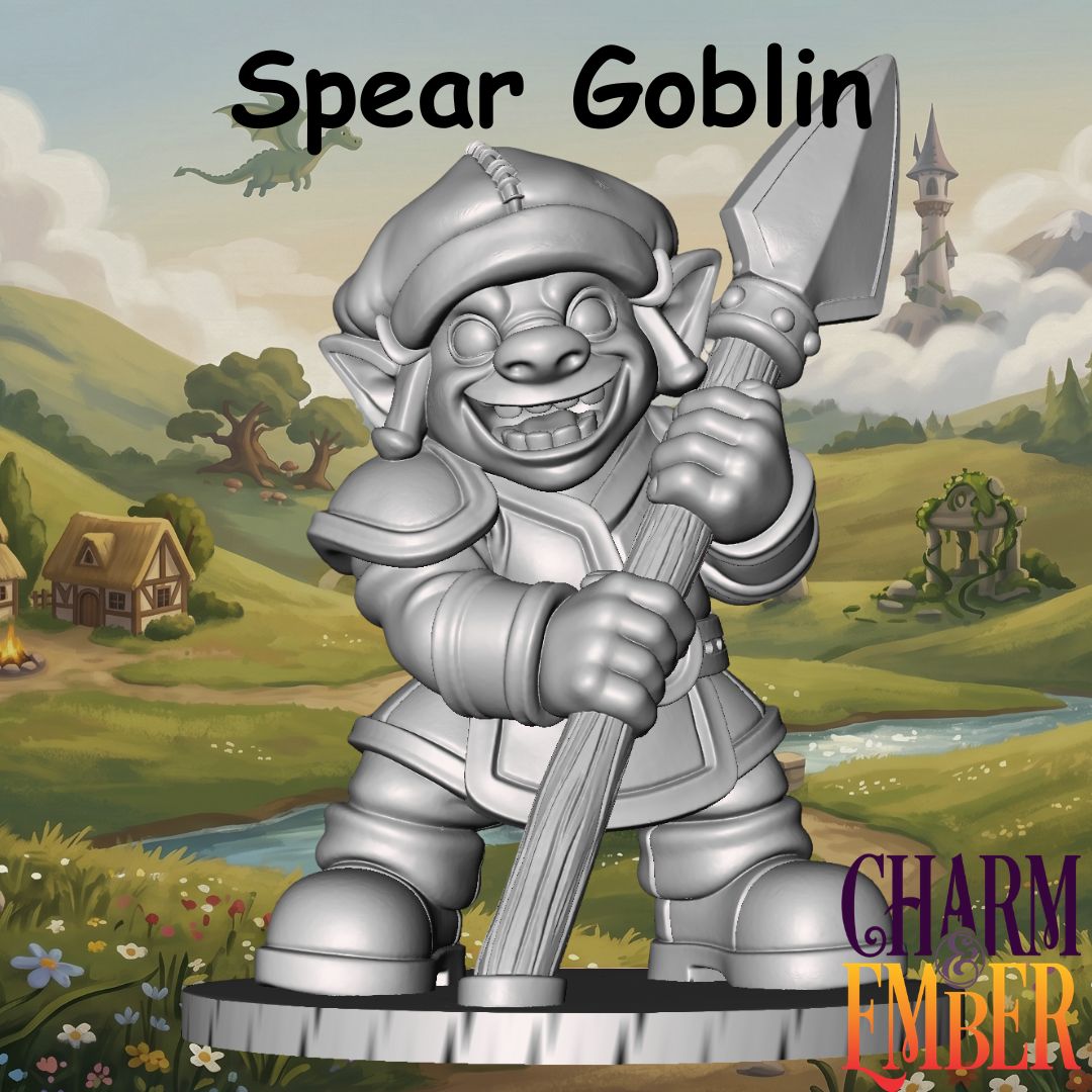 Young Adventurers Spear Goblin miniature for kids holding a large spear, designed for fantasy tabletop RPG adventures and beginner miniature painting.